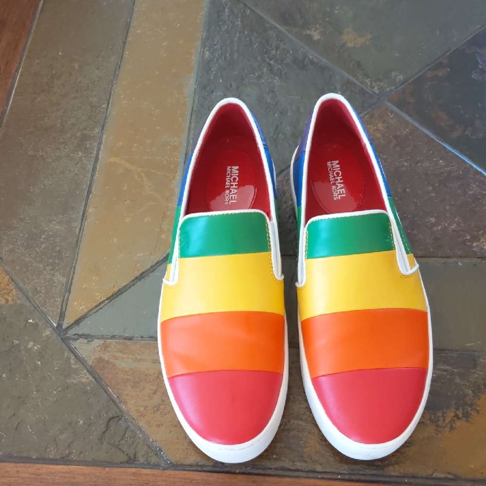 KORS Michael Kors Rainbow Slip-On Sneakers — Red, Orange, Yellow, Green, Blue